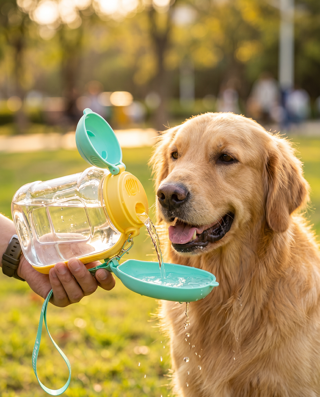 Golden retriever drinking water from NovaSip portable dog water bottle fold-out bowl at the park