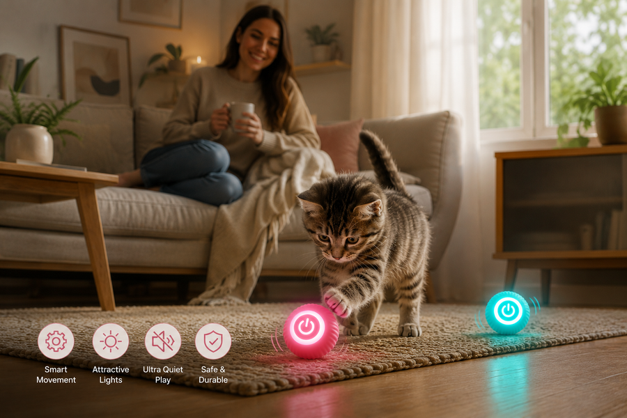 Owner relaxing while kitten plays with the self-rolling NovaBall smart cat ball