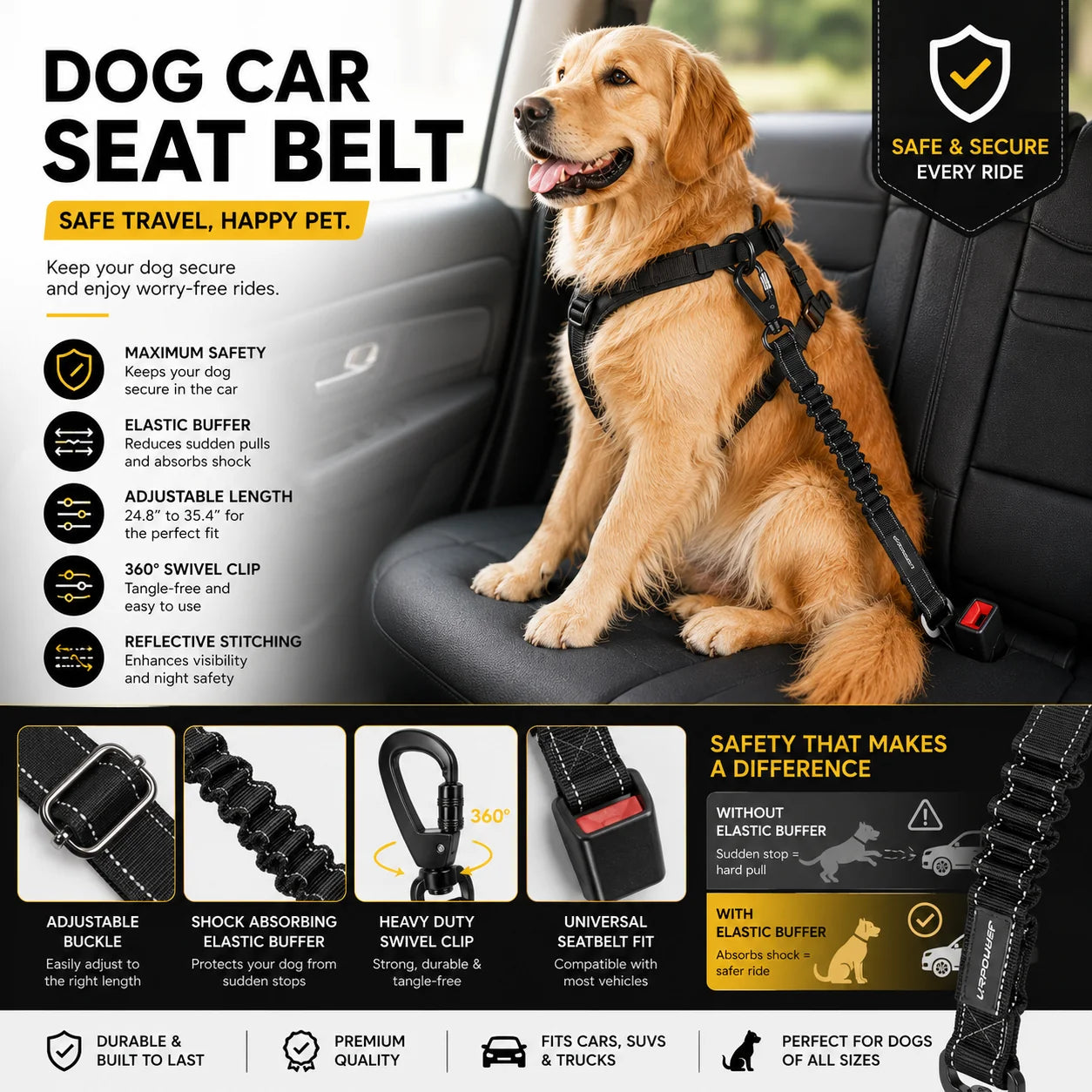 NovaRide dog car seat belt in Black, adjustable bungee harness with reflective stitching