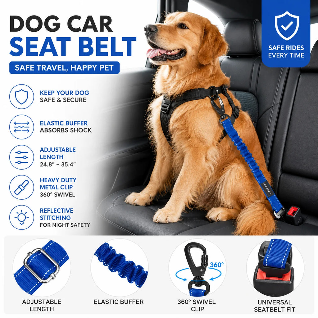 NovaRide dog car seat belt in Blue, adjustable bungee harness with reflective stitching