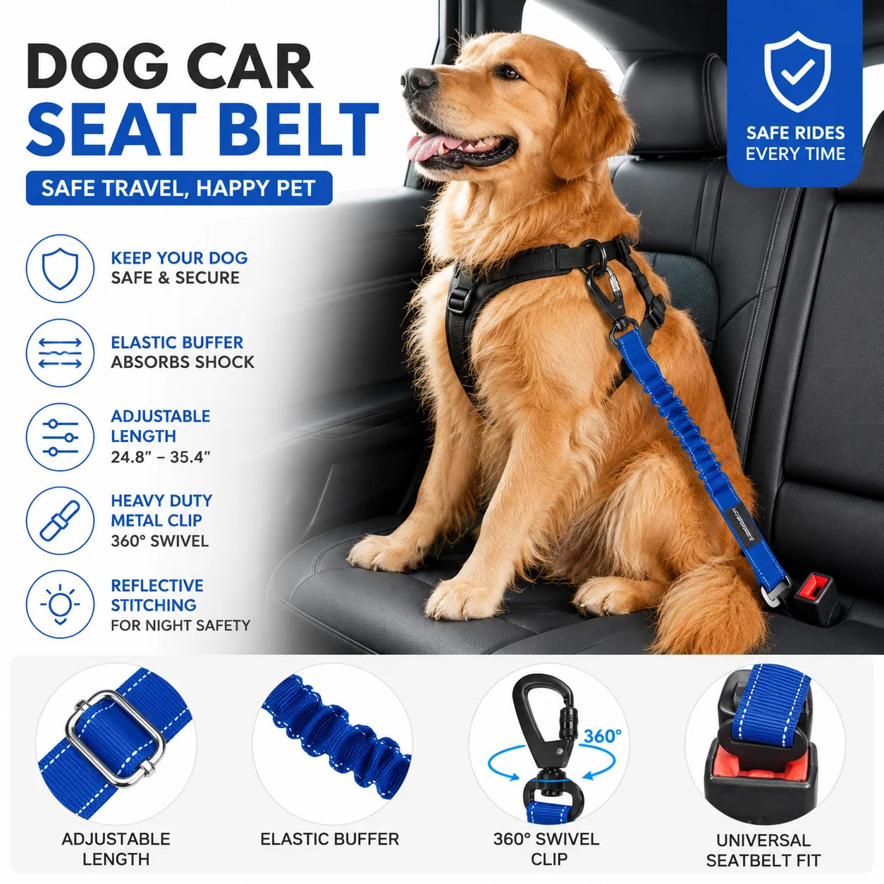 NovaRide dog car seat belt in Blue, adjustable bungee harness with reflective stitching