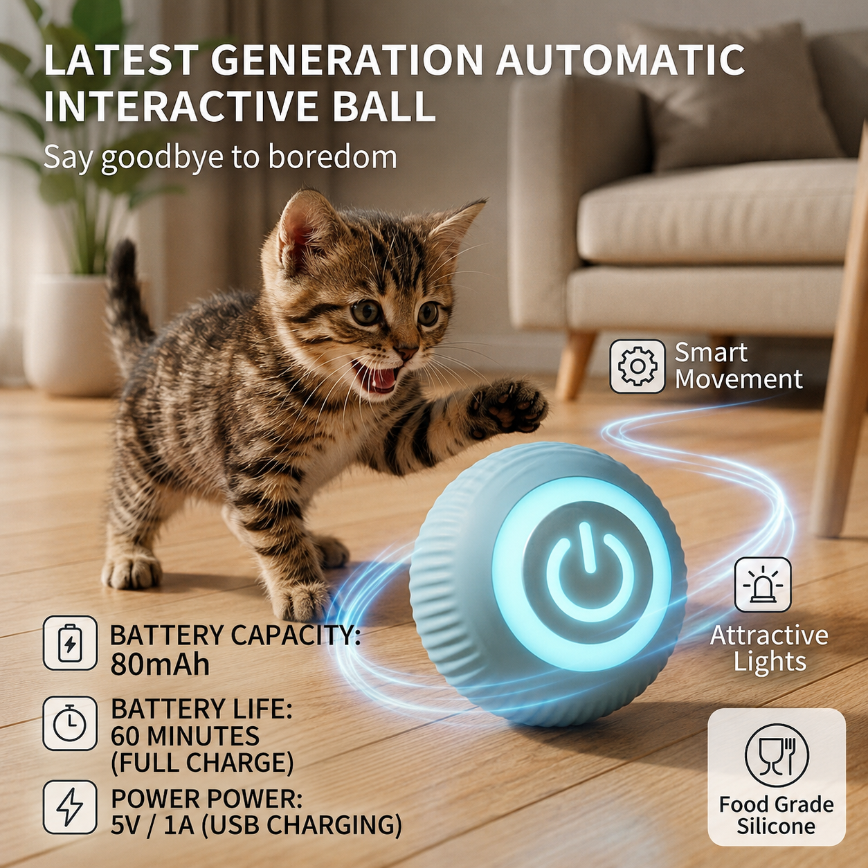 NovaBall blue self-rolling smart ball for cats and small dogs, Basic