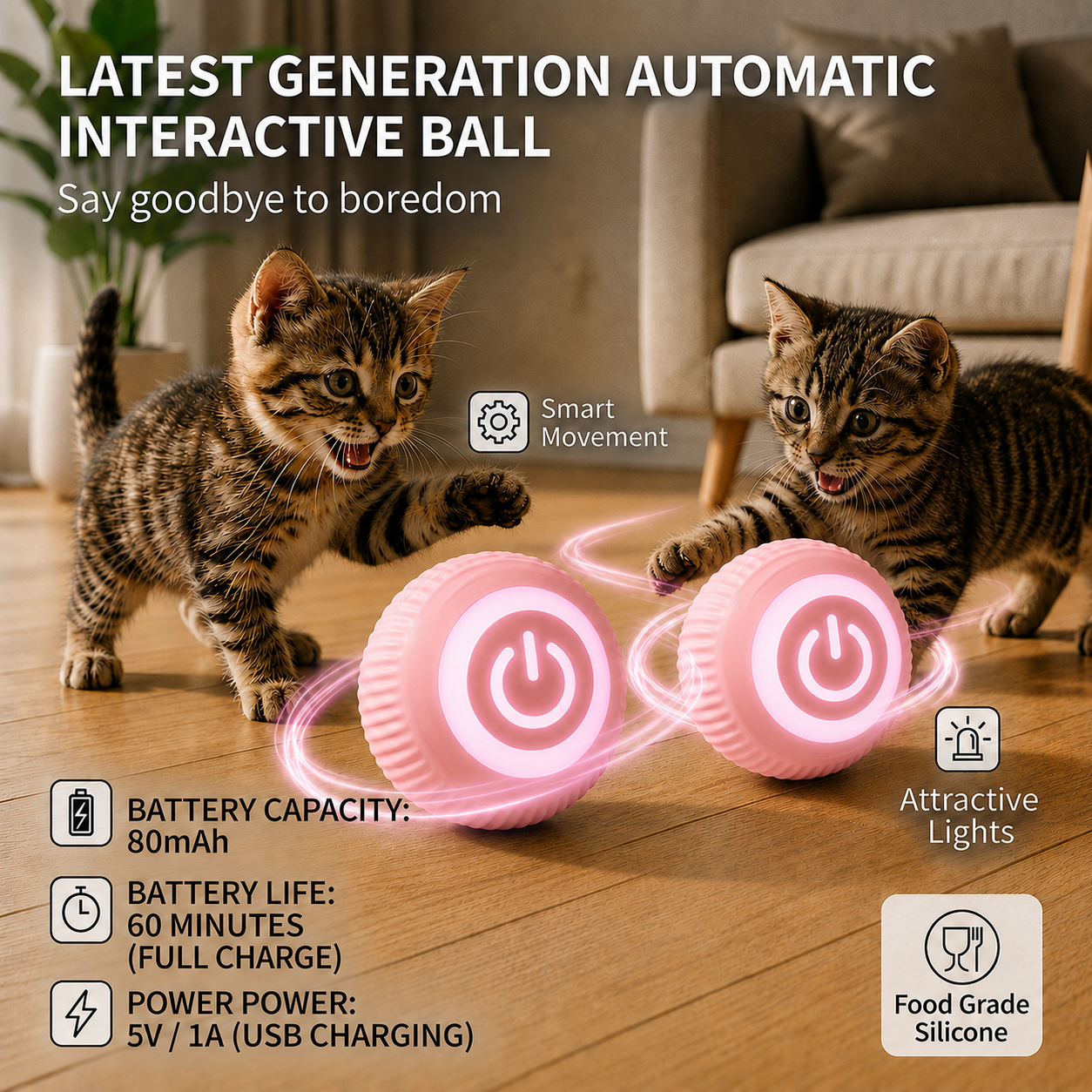 NovaBall Duo Pack Basic, two pink self-rolling smart cat balls