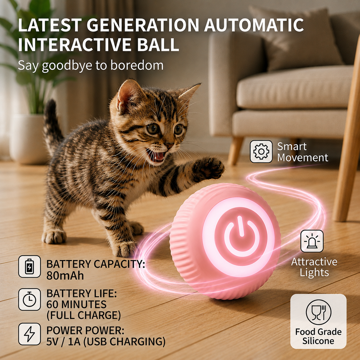NovaBall pink self-rolling smart ball for cats and small dogs, Basic