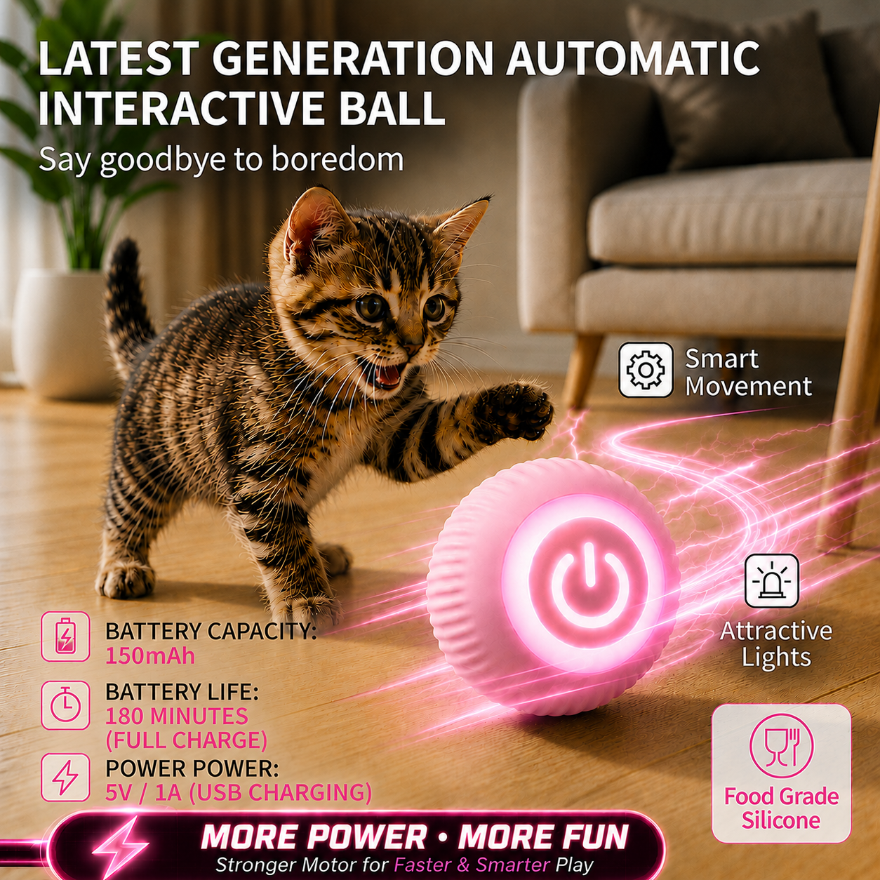 NovaBall pink smart interactive rolling cat ball, Power motor